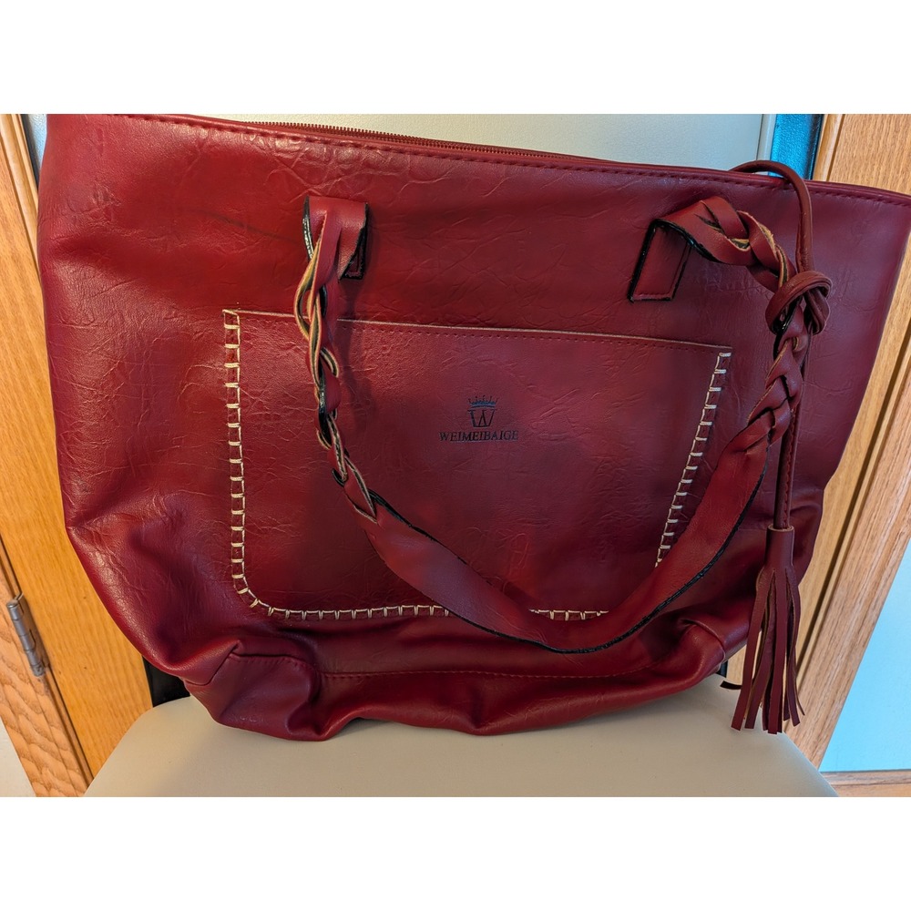 Weimeibaige Burgundy Red Faux Leather Tote Bag Braided Tassel Whipstitch Large
